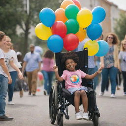 An ordinary child and a child in a wheelchair organizing a vibrant community event that raises awareness about inclusivity, with balloons, banners, and cheering crowd.