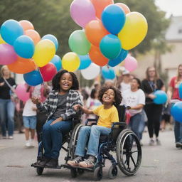 An ordinary child and a child in a wheelchair organizing a vibrant community event that raises awareness about inclusivity, with balloons, banners, and cheering crowd.