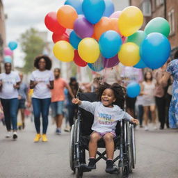 An ordinary child and a child in a wheelchair organizing a vibrant community event that raises awareness about inclusivity, with balloons, banners, and cheering crowd.