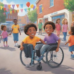 A heartwarming cartoon depiction of an ordinary kid and a kid in a wheelchair, coordinating a colorful community event promoting inclusivity, filled with unique characters and cheerful atmosphere.