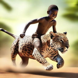 A digital art image of a shirtless 12-year-old African boy galloping on a jaguar