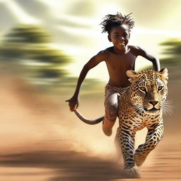 A digital art image of a shirtless 12-year-old African boy galloping on a jaguar