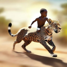 A digital art image of a shirtless 12-year-old African boy galloping on a jaguar