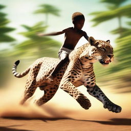 A digital art image of a shirtless 12-year-old African boy galloping on a jaguar