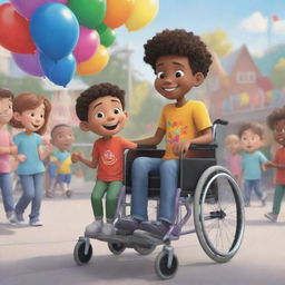 A heartwarming cartoon depiction of an ordinary kid and a kid in a wheelchair, coordinating a colorful community event promoting inclusivity, filled with unique characters and cheerful atmosphere.