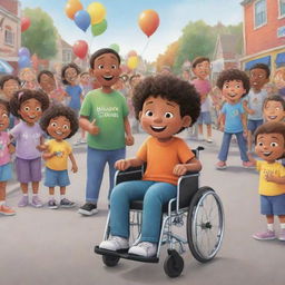 A heartwarming cartoon depiction of an ordinary kid and a kid in a wheelchair, coordinating a colorful community event promoting inclusivity, filled with unique characters and cheerful atmosphere.