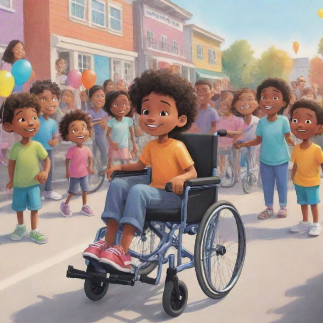 A heartwarming cartoon depiction of an ordinary kid and a kid in a wheelchair, coordinating a colorful community event promoting inclusivity, filled with unique characters and cheerful atmosphere.