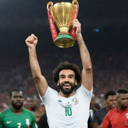 The footballer, Mohamed Salah, triumphantly lifting the African Nations Cup high in the air