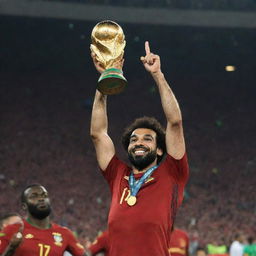 The footballer, Mohamed Salah, triumphantly lifting the African Nations Cup high in the air