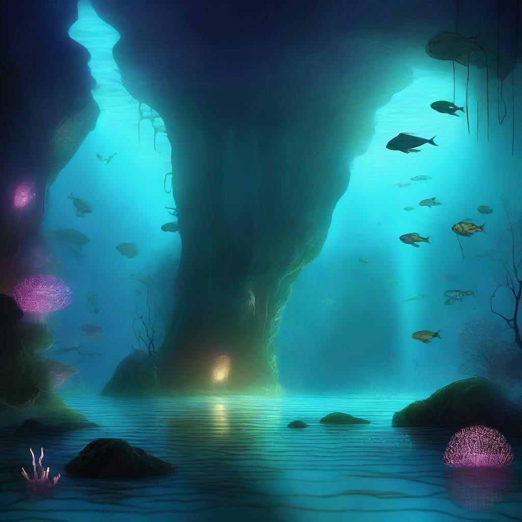 A breathtaking digital art illustration brings to life an underground lake teeming with bioluminescent aquatic animals