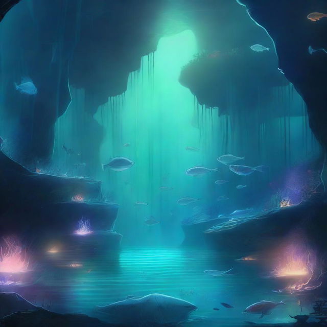 A breathtaking digital art illustration brings to life an underground lake teeming with bioluminescent aquatic animals