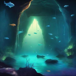 A breathtaking digital art illustration brings to life an underground lake teeming with bioluminescent aquatic animals