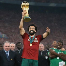 The footballer, Mohamed Salah, triumphantly lifting the African Nations Cup high in the air