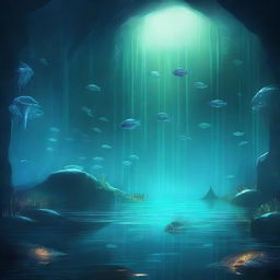 A breathtaking digital art illustration brings to life an underground lake teeming with bioluminescent aquatic animals