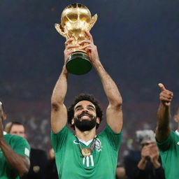 The footballer, Mohamed Salah, triumphantly lifting the African Nations Cup high in the air