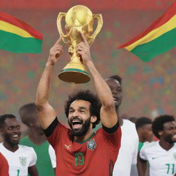 A vibrant cartoon depiction of Mohamed Salah cheerfully hoisting the African Nations Cup