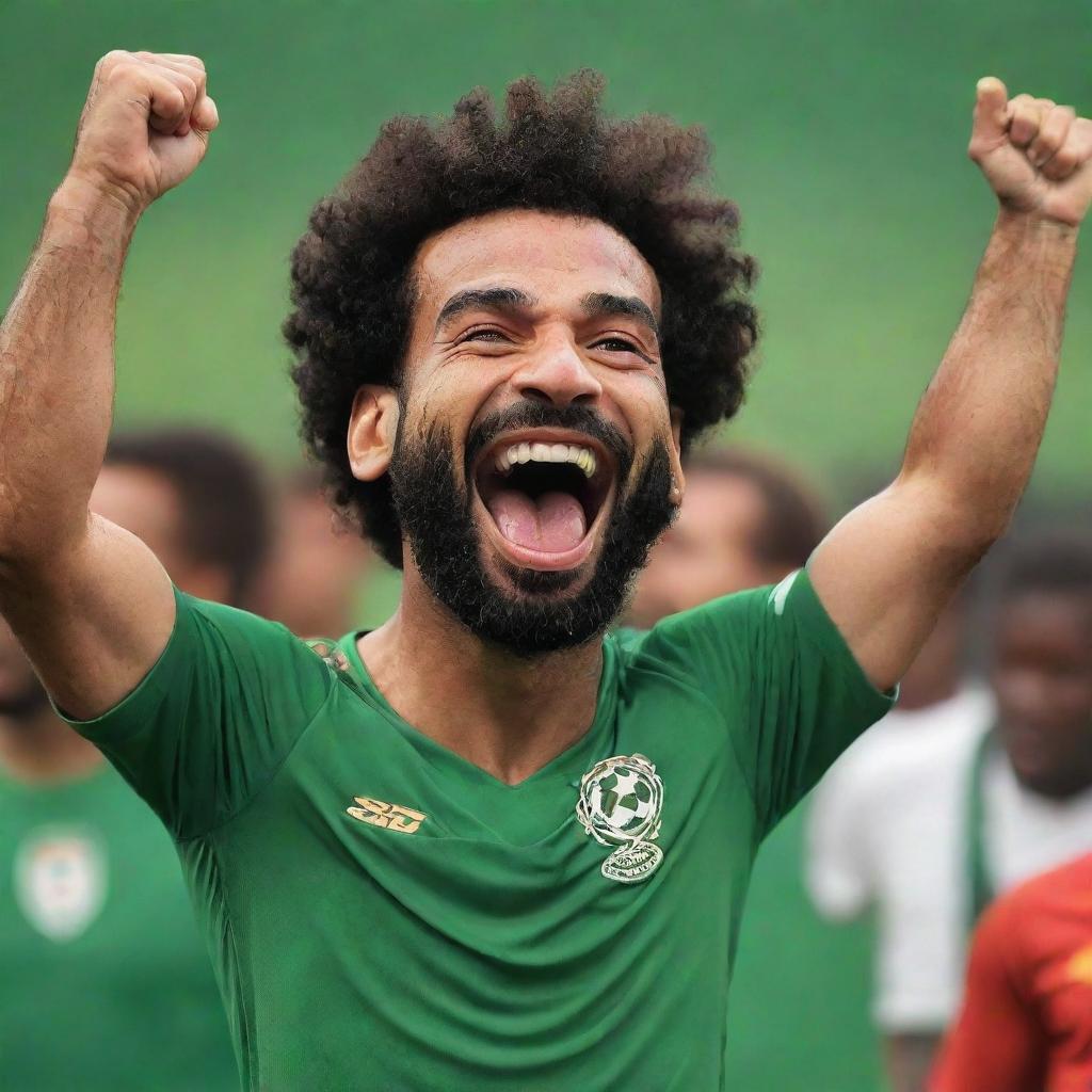 A vibrant cartoon depiction of Mohamed Salah cheerfully hoisting the African Nations Cup