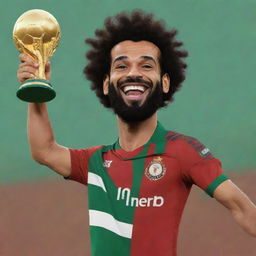 A vibrant cartoon depiction of Mohamed Salah cheerfully hoisting the African Nations Cup