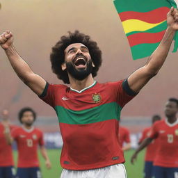 A vibrant cartoon depiction of Mohamed Salah cheerfully hoisting the African Nations Cup