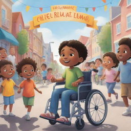 A beautifully illustrated cartoon-style short storybook cover, showing an ordinary child and a child in a wheelchair leading a lively community event for inclusivity awareness.