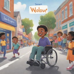 A beautifully illustrated cartoon-style short storybook cover, showing an ordinary child and a child in a wheelchair leading a lively community event for inclusivity awareness.