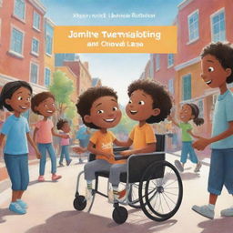 A beautifully illustrated cartoon-style short storybook cover, showing an ordinary child and a child in a wheelchair leading a lively community event for inclusivity awareness.