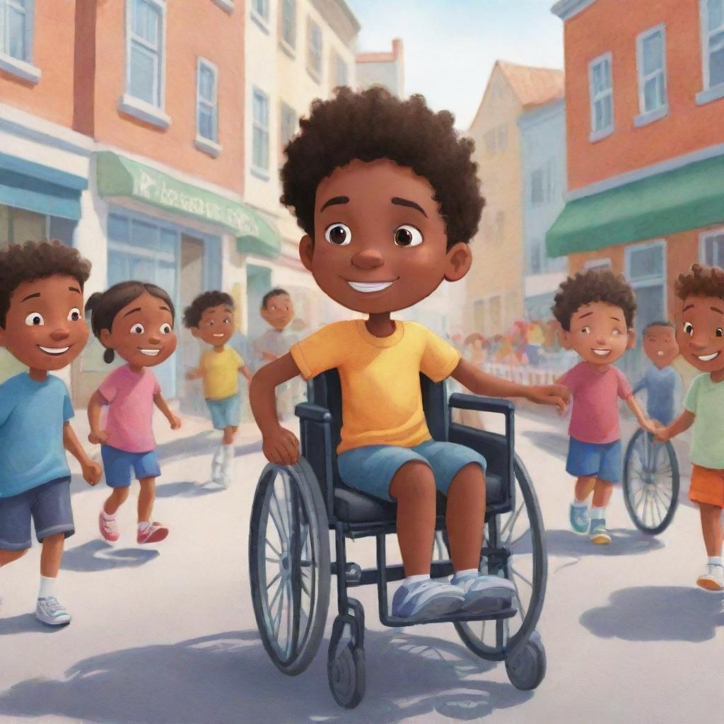 A beautifully illustrated cartoon-style short storybook cover, showing an ordinary child and a child in a wheelchair leading a lively community event for inclusivity awareness.