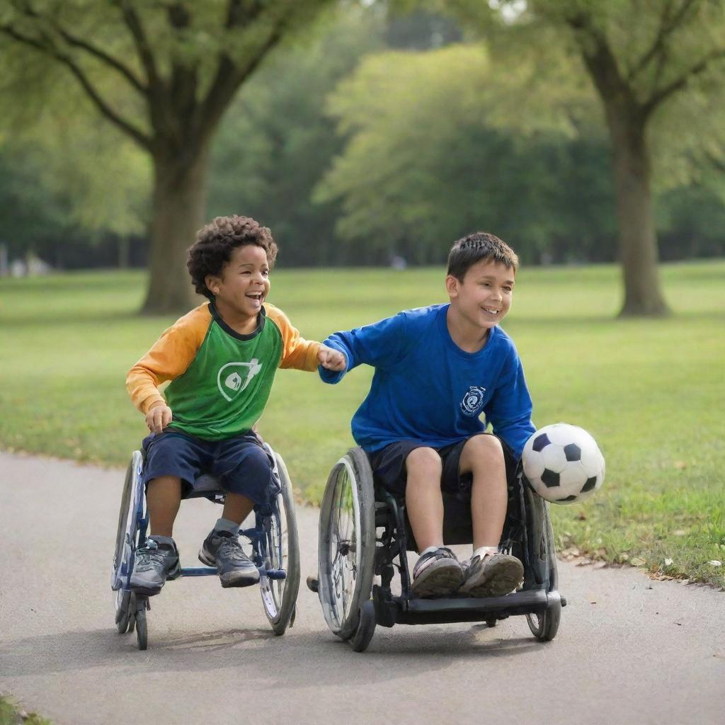 Two children in a park, one running with a soccer ball and the other one with the same enthusiasm, propelling his own wheelchair forward with a ball on his lap.