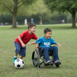 Two children in a park, one running with a soccer ball and the other one with the same enthusiasm, propelling his own wheelchair forward with a ball on his lap.