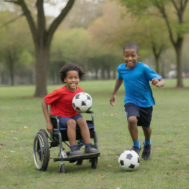 Two children in a park, one running with a soccer ball and the other one with the same enthusiasm, propelling his own wheelchair forward with a ball on his lap.