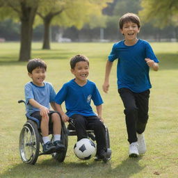 Two children in a park, one running with a soccer ball and the other one with the same enthusiasm, propelling his own wheelchair forward with a ball on his lap.