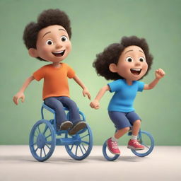 A cartoon image of two children playing; one running gleefully with a ball and the other, a joyful kid in a wheelchair, spinning the wheels fast while simultaneously balancing a ball.