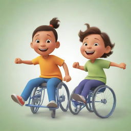 A cartoon image of two children playing; one running gleefully with a ball and the other, a joyful kid in a wheelchair, spinning the wheels fast while simultaneously balancing a ball.