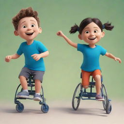 A cartoon image of two children playing; one running gleefully with a ball and the other, a joyful kid in a wheelchair, spinning the wheels fast while simultaneously balancing a ball.