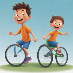 A cartoon image of two children playing; one running gleefully with a ball and the other, a joyful kid in a wheelchair, spinning the wheels fast while simultaneously balancing a ball.