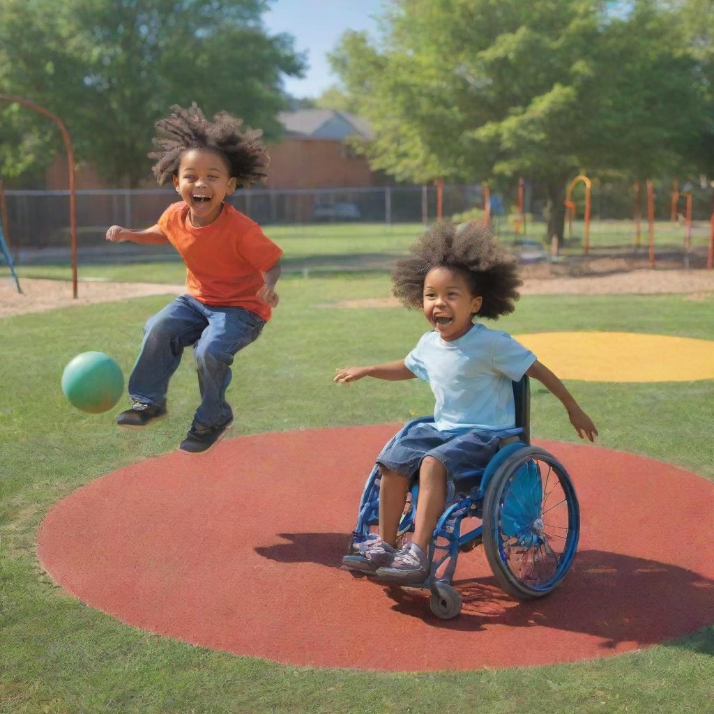 A vibrant cartoon of two children playing in a playground setting, one dynamically running and the other, an energetic child in a wheelchair, masterfully maneuvering with a ball in play.