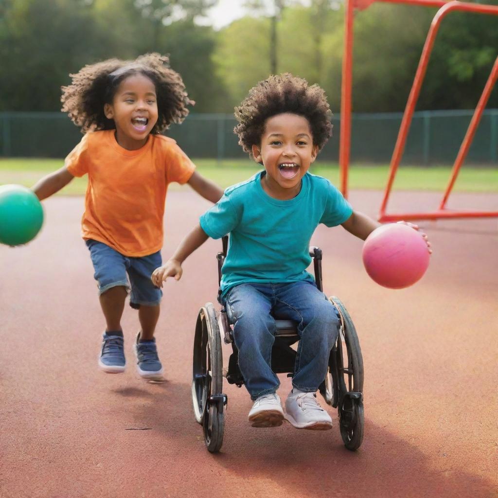 A vibrant cartoon of two children playing in a playground setting, one dynamically running and the other, an energetic child in a wheelchair, masterfully maneuvering with a ball in play.