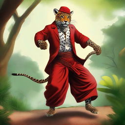 This is a vibrant digital painting that portrays Saci Perere, a one-legged character from Brazilian folklore, riding a beautifully illustrated jaguar