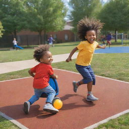 A vibrant cartoon of two children playing in a playground setting, one dynamically running and the other, an energetic child in a wheelchair, masterfully maneuvering with a ball in play.