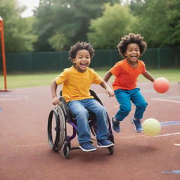 A vibrant cartoon of two children playing in a playground setting, one dynamically running and the other, an energetic child in a wheelchair, masterfully maneuvering with a ball in play.