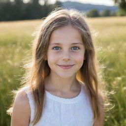 A visually striking portrait of a young girl with bright eyes and a gentle smile, framed by a backdrop of a sunlit meadow.