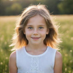 A visually striking portrait of a young girl with bright eyes and a gentle smile, framed by a backdrop of a sunlit meadow.