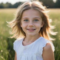 A visually striking portrait of a young girl with bright eyes and a gentle smile, framed by a backdrop of a sunlit meadow.