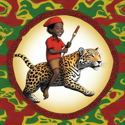 A striking digital art image showcasing the legendary Saci Pererê riding a jaguar