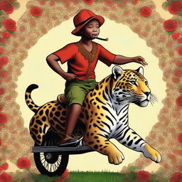 A striking digital art image showcasing the legendary Saci Pererê riding a jaguar