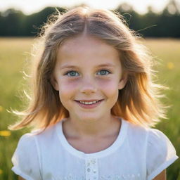 A visually striking portrait of a young girl with bright eyes and a gentle smile, framed by a backdrop of a sunlit meadow.