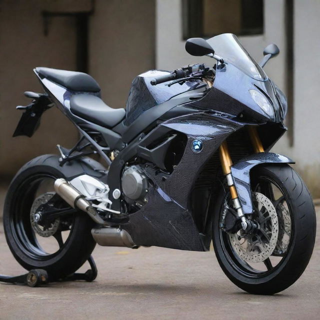 A Bajaj Pulsar RS 200 motorcycle painted in the color scheme of a BMW s1000rr carbon fiber