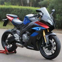 A Bajaj Pulsar RS 200 motorcycle painted in the color scheme of a BMW s1000rr carbon fiber