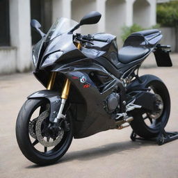 A Bajaj Pulsar RS 200 motorcycle painted in the color scheme of a BMW s1000rr carbon fiber