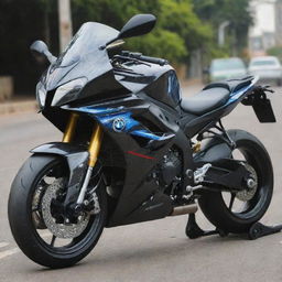 A Bajaj Pulsar RS 200 motorcycle painted in the color scheme of a BMW s1000rr carbon fiber